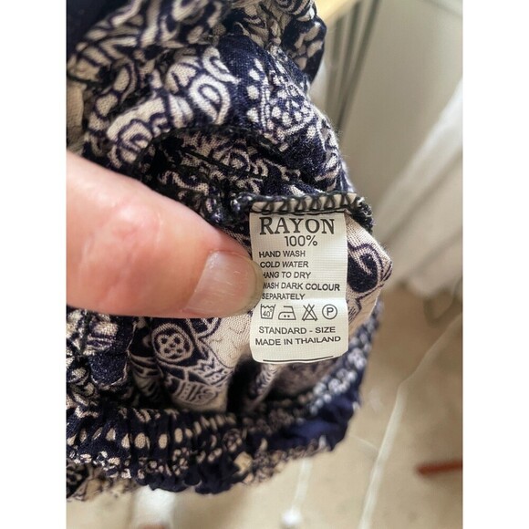 Boho Elephant Print Strapless Midi Dress Asymmetrical Hem Navy Beige 100% Rayon - Picture 7 of 7